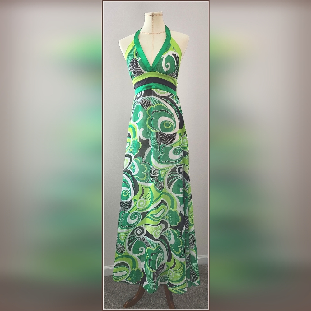 Halter Evening Green Long Dress, Size Large (L)